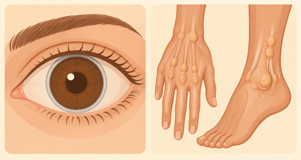 Ilustración: anillo alrededor de la córnea y bultos en los tendones